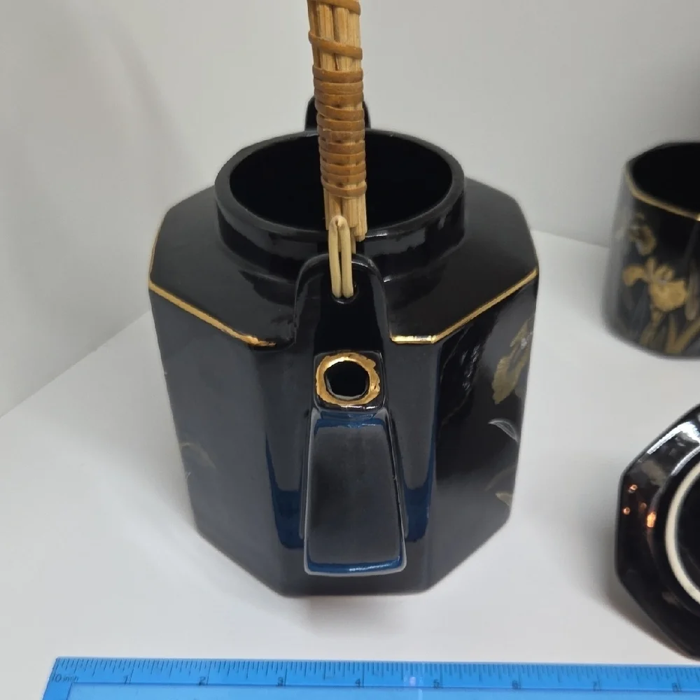 Vintage Black and Gold Floral Tea Set with Bamboo Handle